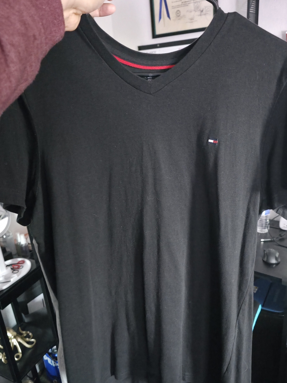 Tommy Hilfiger Black V-Neck Tee with Flag Logo
